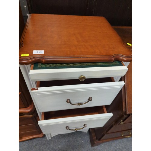 691 - 2 x painted 2 drawer bedside units with leather topped pull-out book rests. 49cm wide x 452cm deep x... 