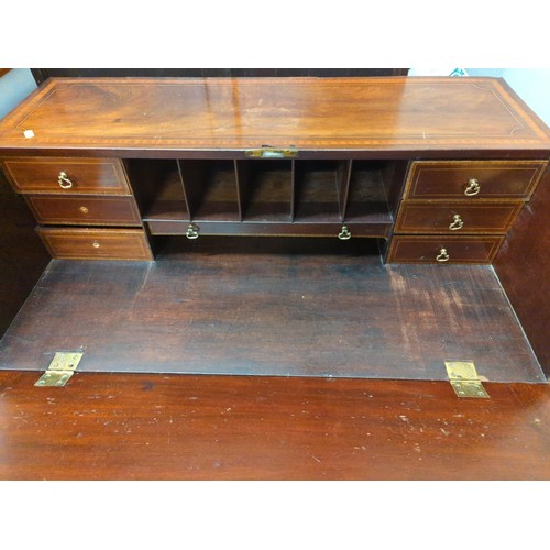 692 - Inlaid bureau with brass drop handles. 91cm wide x 55cm deep x 105cm tall