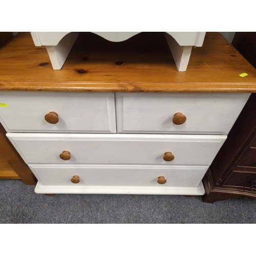 702 - 2 x painted pine 2 drawer bedside units. 42cm wide x 38cm x 54cm high. Together with a 2 over 2 ches... 