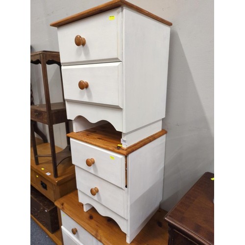 702 - 2 x painted pine 2 drawer bedside units. 42cm wide x 38cm x 54cm high. Together with a 2 over 2 ches... 