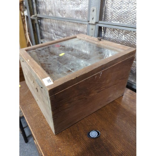 707 - Glass topped display box. 38cm wide x 38cm deep x 23cm high.