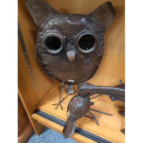 717 - 3 metal animal sculptures. Height of owl 46cm. 