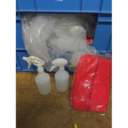 181 - Assorted cleaning equipment inc spray bottles, florescent tops, PPE, dust suits etc. (blue crate not... 