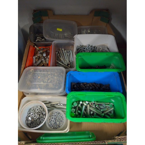 226 - Tray of organised fixings, washers, bolts etc together with a tray of decorators tools, paint brushe... 