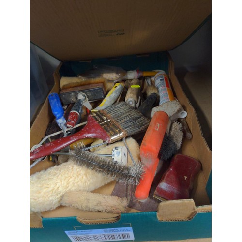 226 - Tray of organised fixings, washers, bolts etc together with a tray of decorators tools, paint brushe... 