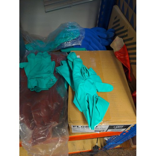 229 - Box of swing bin liners, green gauntlets, industrial gloves etc.