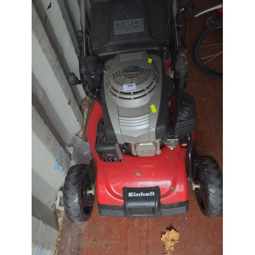 316 - Einhel petrol lawn mower with battery start. Includes charger.