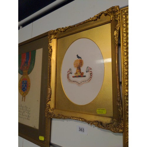 363 - Three framed painted artworks, including a presidents badge of office and two crests, largest dimens... 