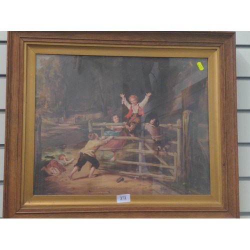 373 - Framed Pears print of children playing on a gate. 85cm x 55cm.