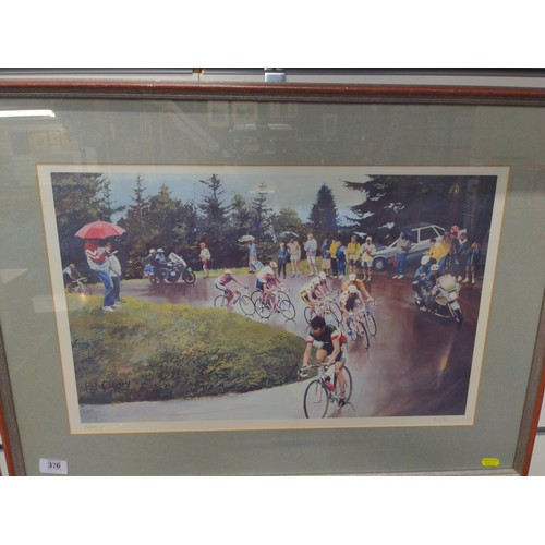 376 - Pat Cleary signed limited edition print of a bike race 75 x 55cm