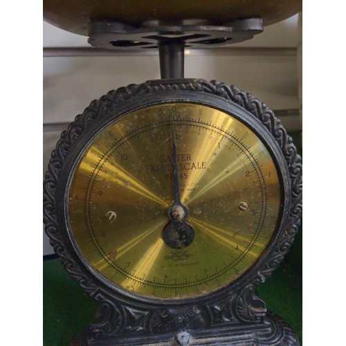 397 - Set Salter Family scales with cast iron base and brass tray and face, no weights included. H 31 cm