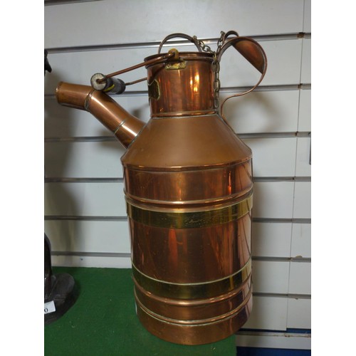 401 - Large spouted vessel/kettle with chained lid and handles and decorative coopered banding in copper a... 