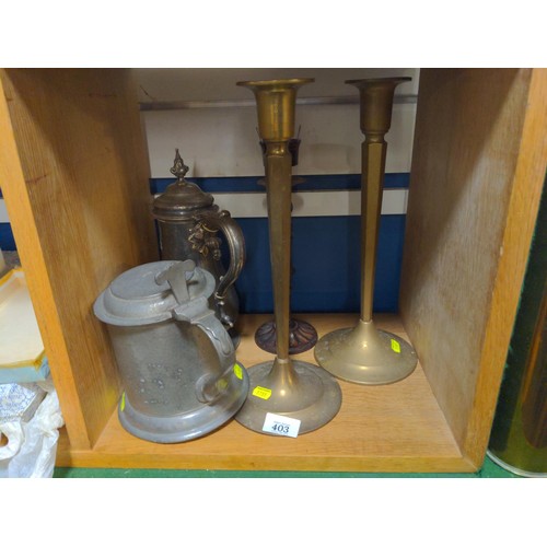 403 - Collection of metal ware including brass candle sticks, pewter tankard etc..,