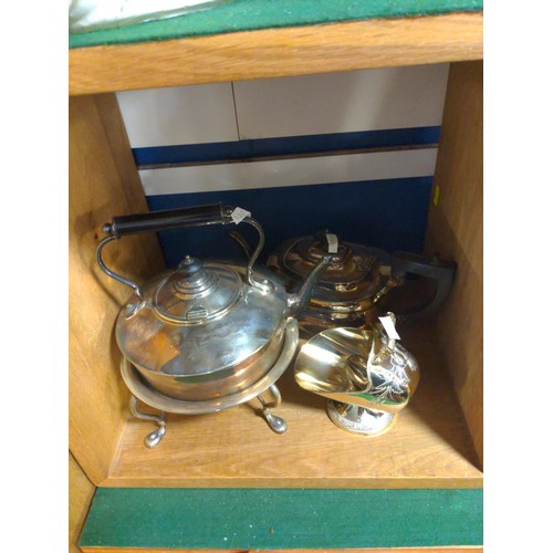 404 - Two cubes of plated ware inc, spirit kettle, tea pot, salvers etc...,