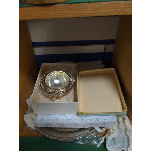 404 - Two cubes of plated ware inc, spirit kettle, tea pot, salvers etc...,