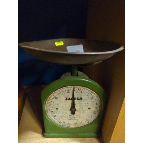 408 - Set of Vintage Salter kitchen scales in tin with green painted front and white face detail.