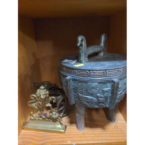 411 - Modern Asian Ice Bucket/ lidded container in the style of James Mont, two brass cannons and a lion d... 