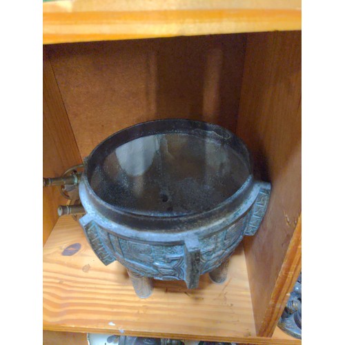 411 - Modern Asian Ice Bucket/ lidded container in the style of James Mont, two brass cannons and a lion d... 