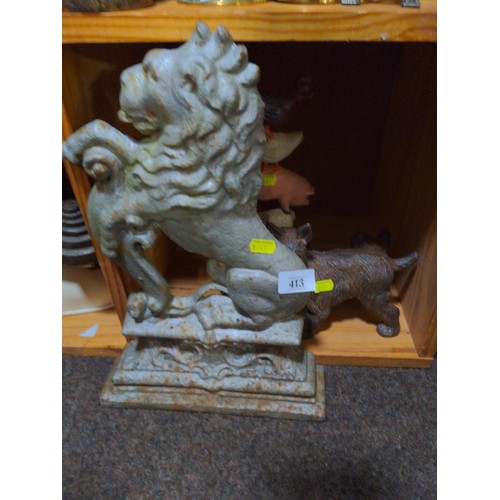 413 - Collection of cast iron door stops inc, Large Lion, dog with leg raised and a stack of farm animals.