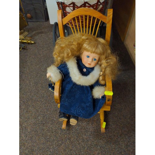 420 - Victorian style dolls pram, two period dressed dolls and a small wooden rocking chair. Pram L 60W34 ... 