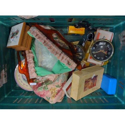 480 - Box of mixed collectables, Inc. needle work, alarm travel clock, scissors.. Etc.. Crate not included