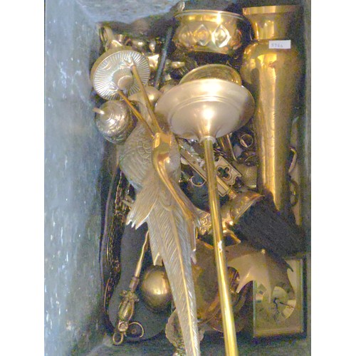 483 - Brass coal box with brassware content, Inc companion set, birds, vases horse brasses Etc... 