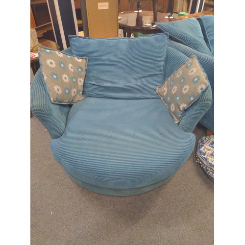 759 - Turquoise chenille cuddle chair and three seater corner sofa (left or right handed) with storage foo... 