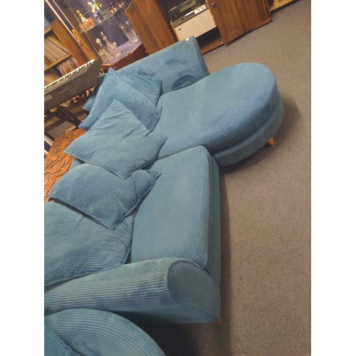 759 - Turquoise chenille cuddle chair and three seater corner sofa (left or right handed) with storage foo... 