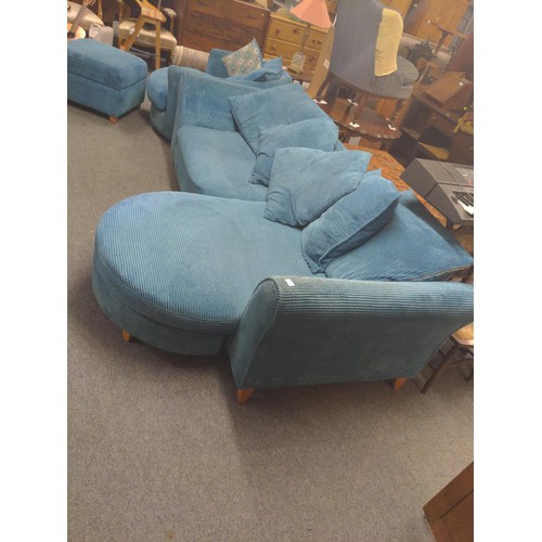 759 - Turquoise chenille cuddle chair and three seater corner sofa (left or right handed) with storage foo... 