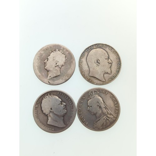 523 - Four half crowns, including a worn George IV, 1836, 1839 & 1909, gross weight 53.39 grams