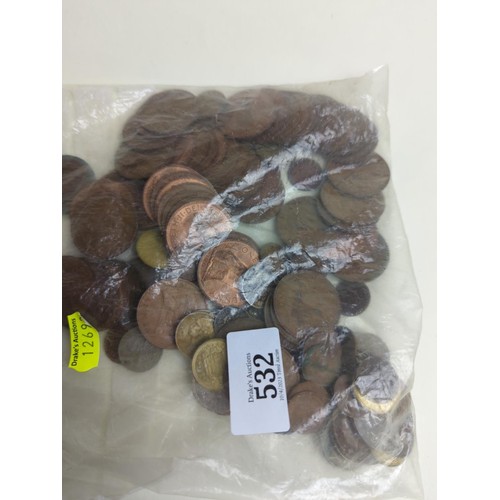 532 - Bag of mostly British coins & a silver St. Christopher pendant with chain, gross weight 782 gram... 