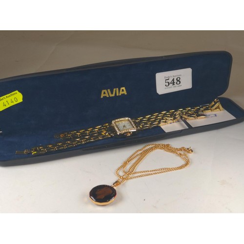 548 - Avia quartz gold tone dress watch and bracelet in box, together with a 1939 threepence pendant with ... 