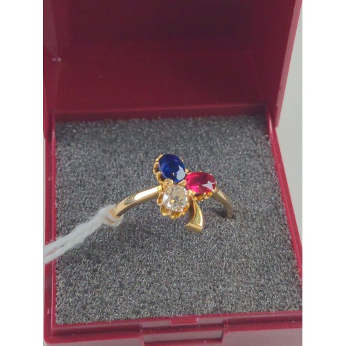 560 - Diamond, sapphire & ruby shamrock ring, mounted in yellow metal testing positive for 18ct gold, ... 