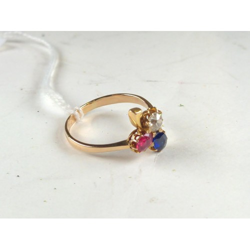 560 - Diamond, sapphire & ruby shamrock ring, mounted in yellow metal testing positive for 18ct gold, ... 