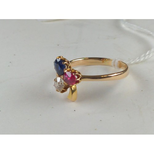 560 - Diamond, sapphire & ruby shamrock ring, mounted in yellow metal testing positive for 18ct gold, ... 