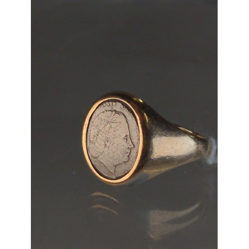 571 - 9ct gold & white metal coin ring, hallmarked Birmingham 1974, size M1/2, gross weight 4 grams