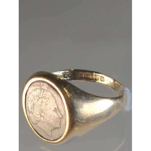 571 - 9ct gold & white metal coin ring, hallmarked Birmingham 1974, size M1/2, gross weight 4 grams