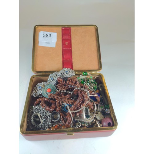 583 - Box of vintage costume jewellery and other items, including some silver