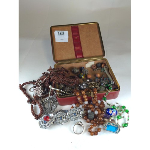 583 - Box of vintage costume jewellery and other items, including some silver