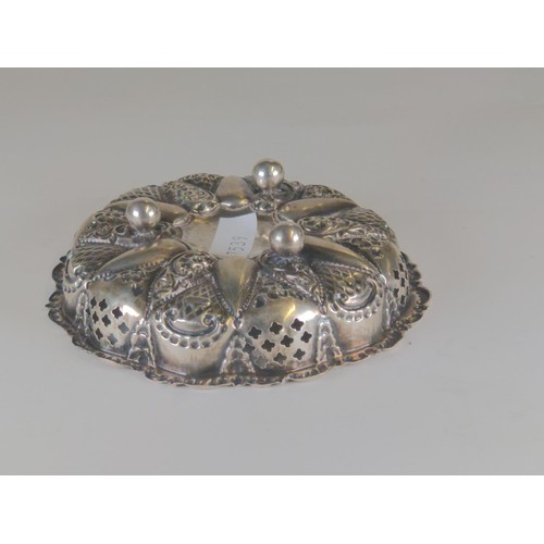 595 - Small pierced silver circular dish, J R Ltd, Birmingham 1904, diameter 11.3cm, 42.79 grams