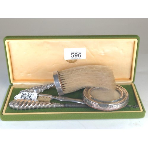 596 - Hallmarked silver handled brush, toothbrush & boot hook, together with a small hallmarked silver... 