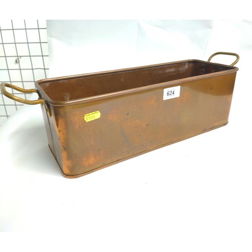 624 - Two handled copper humidifier/plant trough with brass handles. L 50 D15 H 13.5 cm approx