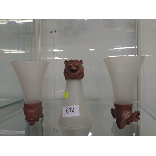 632 - Three stirrup cups depicting heads of a ram, lion and bear, with frosted glass drinking vessel.