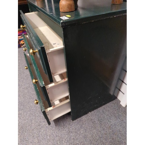 679 - Three drawer green painted chest. Brass knobs. W 80 D46 H 71cm