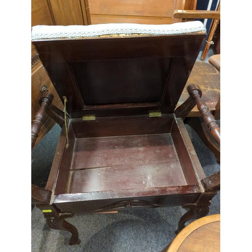 756 - Mahogany piano stool, with carved details & upholstered top