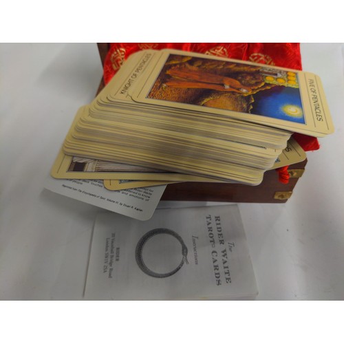 605 - Wooden brass bound box of tarot cards & 'The Key to the Tarot' by A.E. Waite