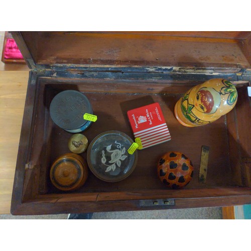 641 - Vintage writing slope with no internal fixings inc, Russian doll, mixed treen and tins.