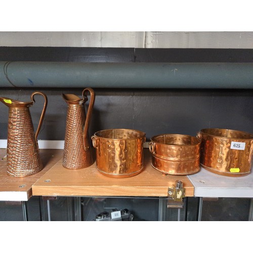 625 - Five highly polished copper plant and flower containers, pots and jugs.