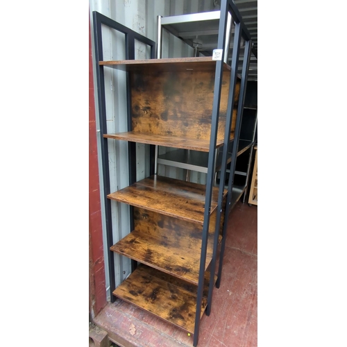 196 - 2x metal framed and faux rustic wood effect shelf units. W62cm D24cm H166cm