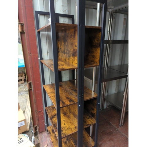 196 - 2x metal framed and faux rustic wood effect shelf units. W62cm D24cm H166cm